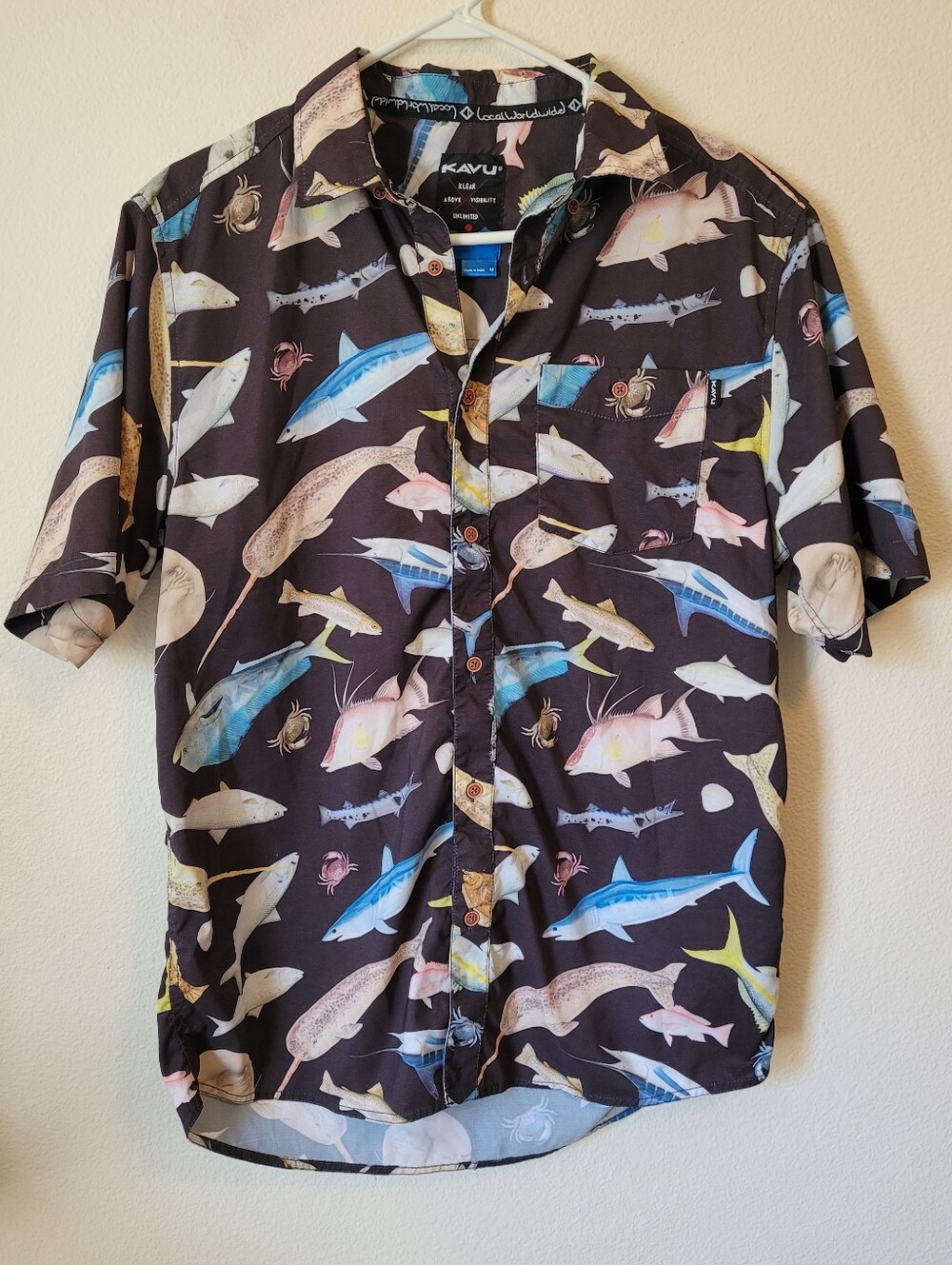 Kavu River Wrangler Button Up Short Sleeve Sea Creatures Shark Fish Shirt Ocean